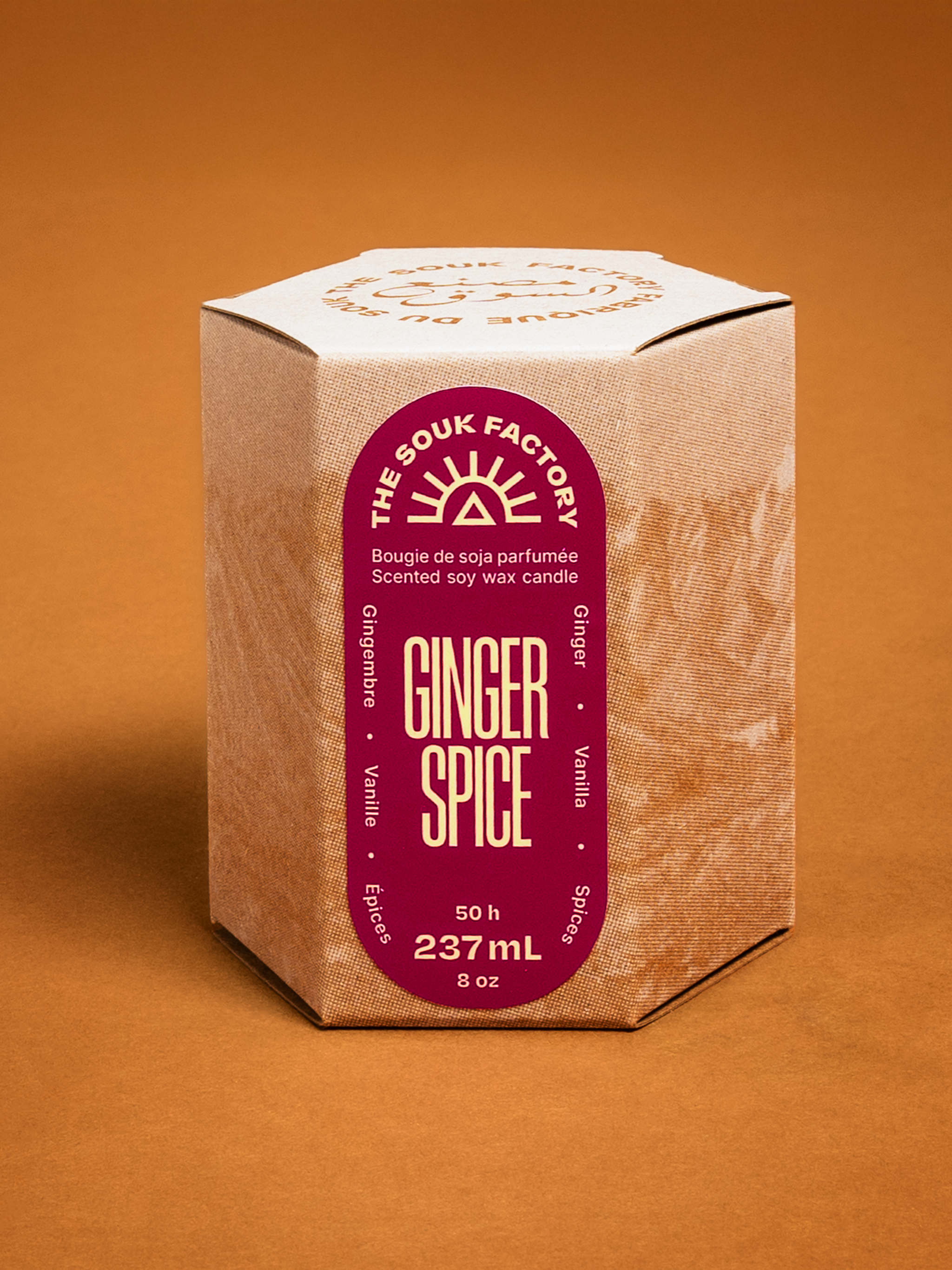 Bougie de soja parfumée Ginger Spice, boite kraft avec encre blanche, étiquette rouge