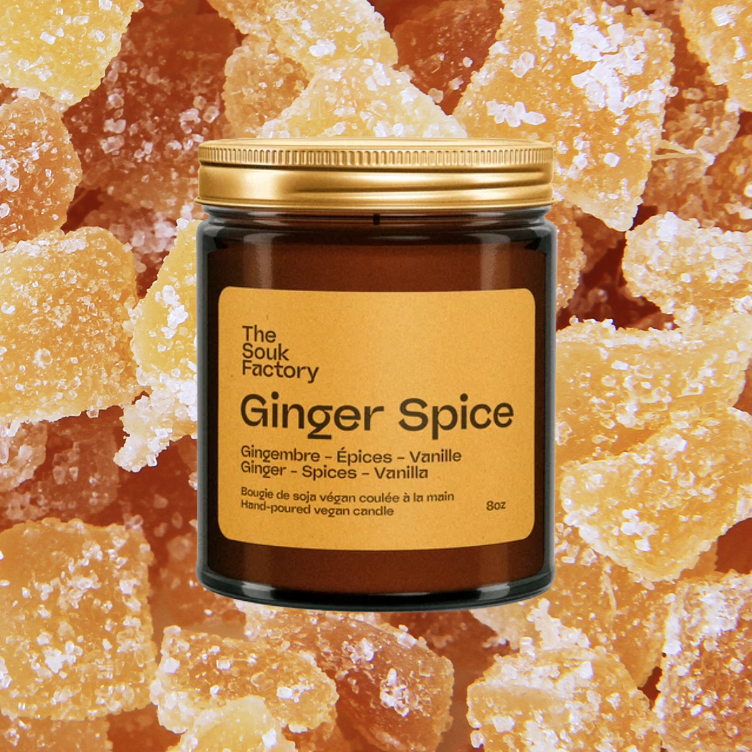 Bougie Ginger Spice 8 oz sur fond de gingembre confit