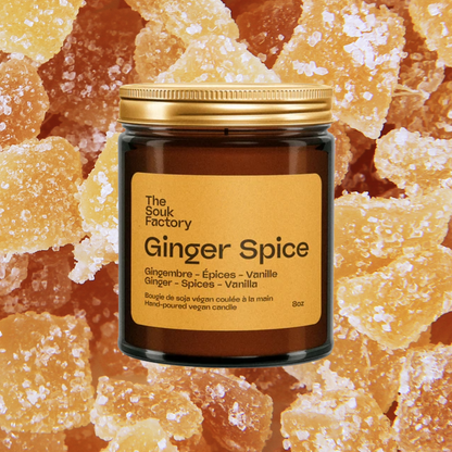Bougie Ginger Spice 8 oz sur fond de gingembre confit